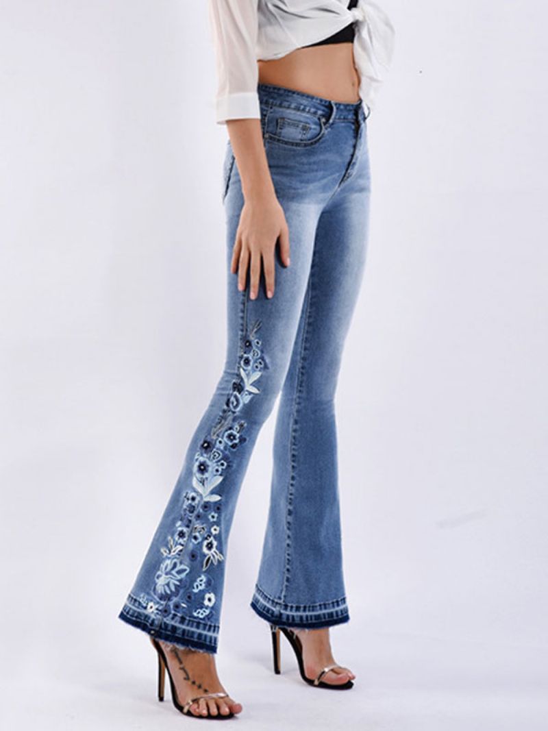 Bootcut-jeans För Damer Vintagebroderade Mid-rise Flare-bottoms - Blå