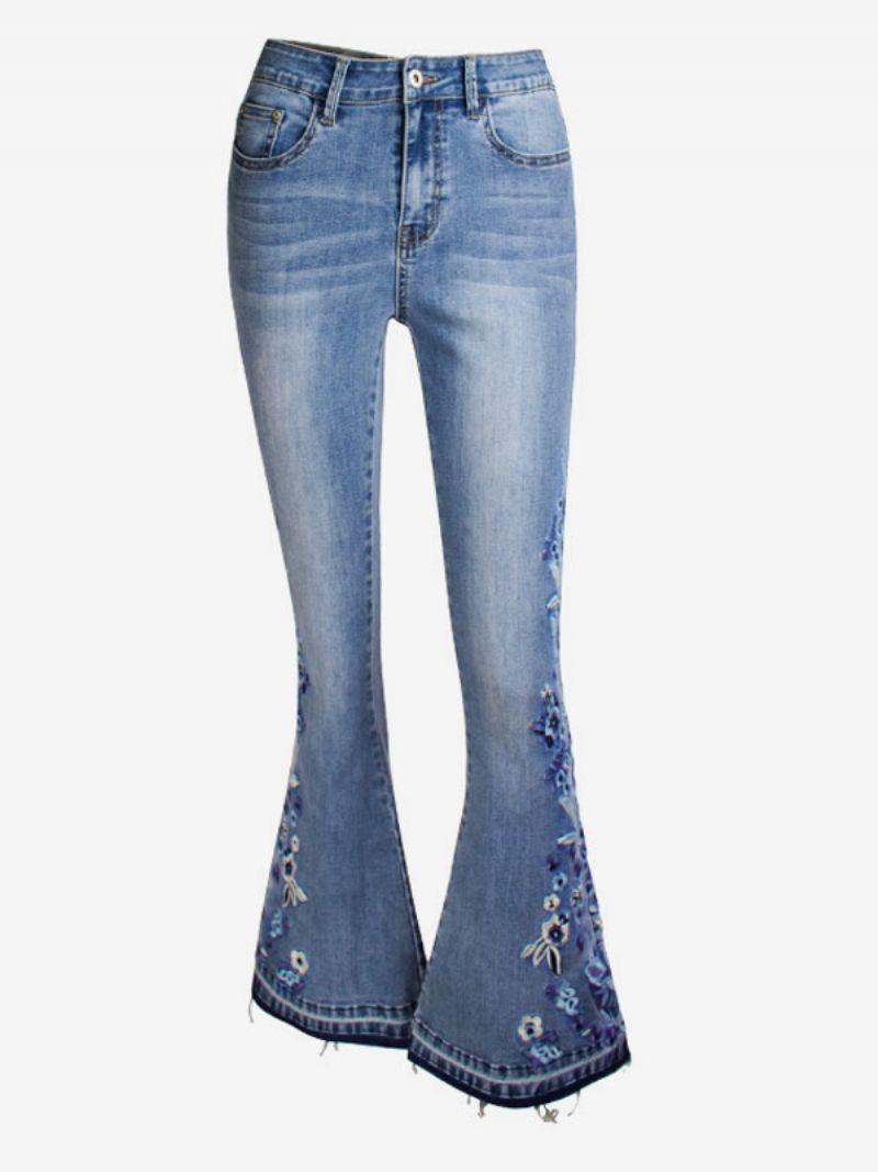 Bootcut-jeans För Damer Vintagebroderade Mid-rise Flare-bottoms - Blå