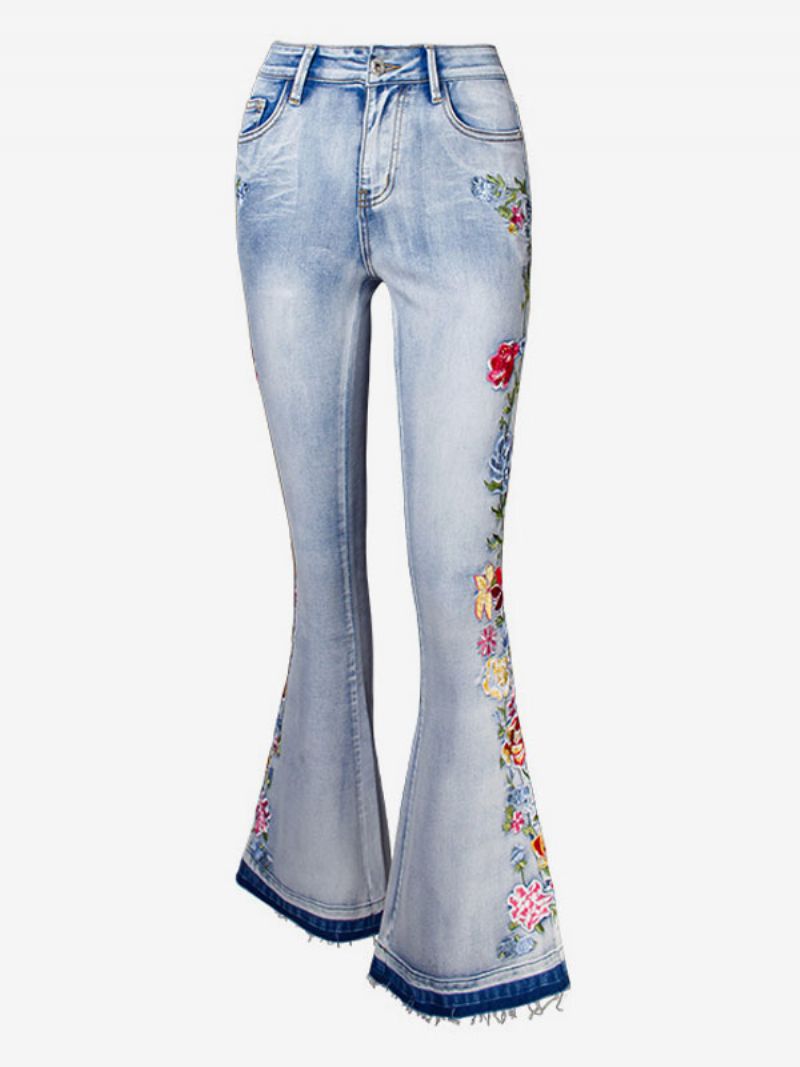 Bootcut-jeans För Kvinnor Medelhög Broderade Flare-bottom - Blå