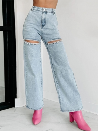 Dam Jeans Med Vida Ben Strass Utskärning Hög Midja Casual Denim Byxor