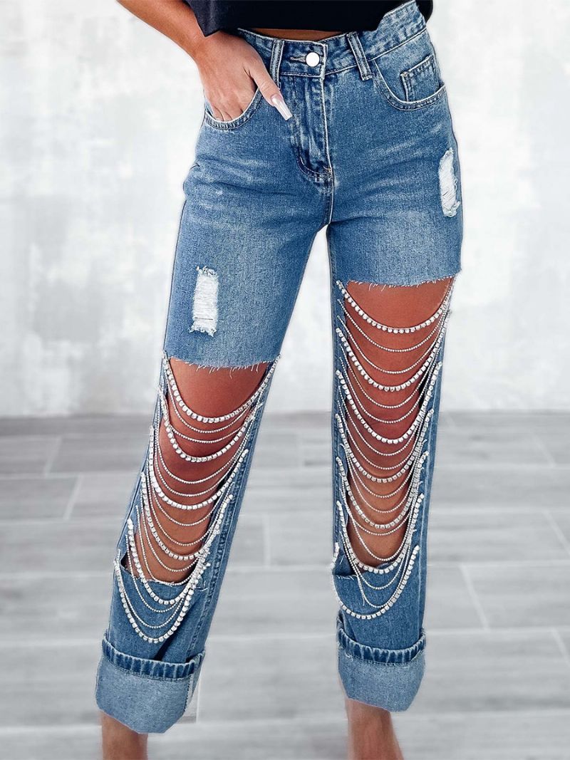 Damfransar Jeans Kedjor Hög Midja Asymmetriska Nightout Jeansbyxor