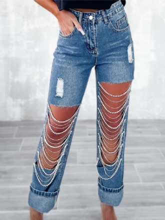 Damfransar Jeans Kedjor Hög Midja Asymmetriska Nightout Jeansbyxor