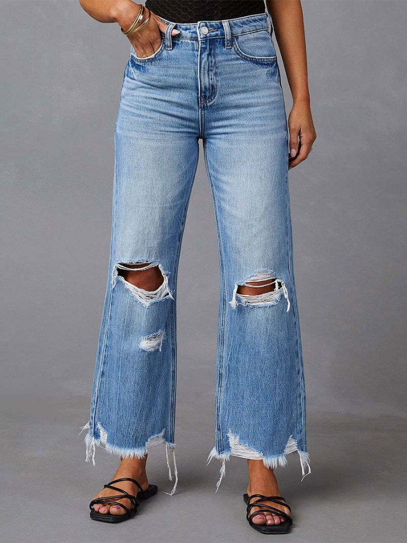 Damjeans Charmig Distressed Utsvängd Polyester - Blå