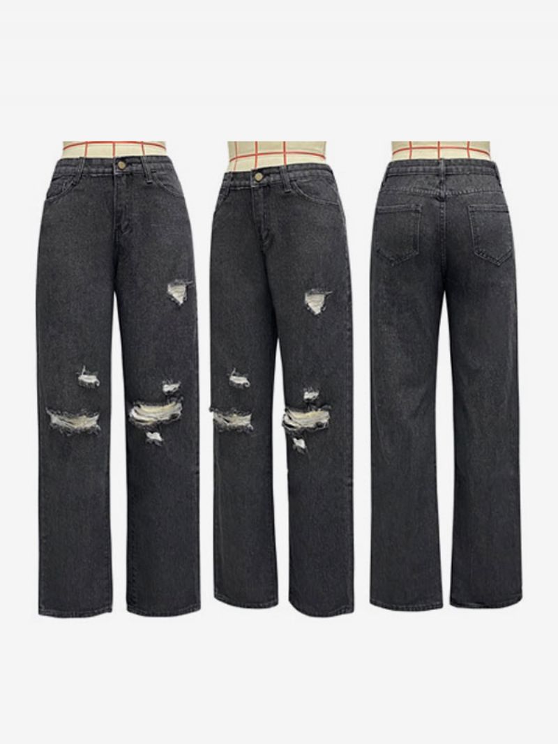 Distressed Jeans Damer Vid Ben Blixtlås Fly Högmidjade Jeansbyxor I Svart - Svart