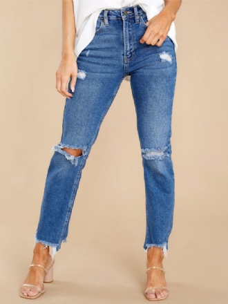 Distressed Jeans Tapered Fit Tofs Trim Dragkedja Fly Dambyxor