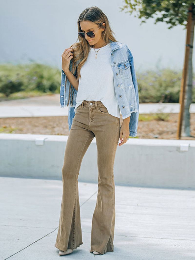 Flare Jeans För Kvinnor Camel Cotton Spring Bell Bottoms - Kamel