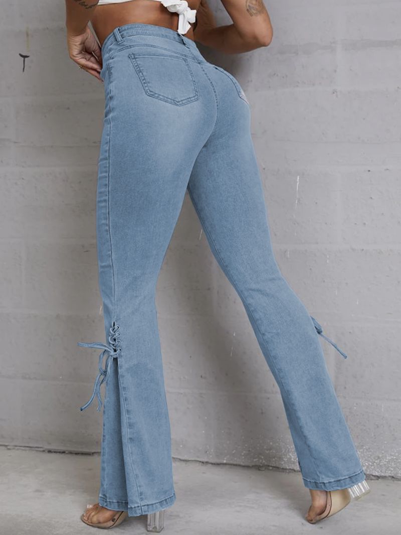 Flare Jeans För Kvinnor Med Snörning I Mid-rise Bell Bottoms - Ljus Himmelsblå