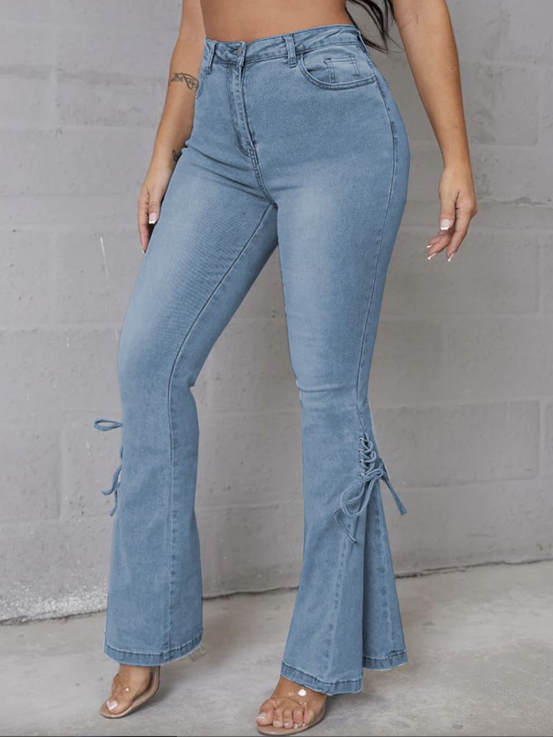 Flare Jeans För Kvinnor Med Snörning I Mid-rise Bell Bottoms - Ljus Himmelsblå