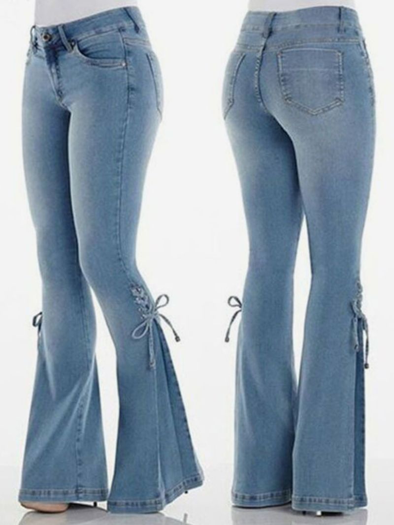 Flare Jeans För Kvinnor Med Snörning I Mid-rise Bell Bottoms - Ljus Himmelsblå