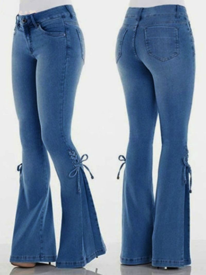 Flare Jeans För Kvinnor Med Snörning I Mid-rise Bell Bottoms - Djupblå