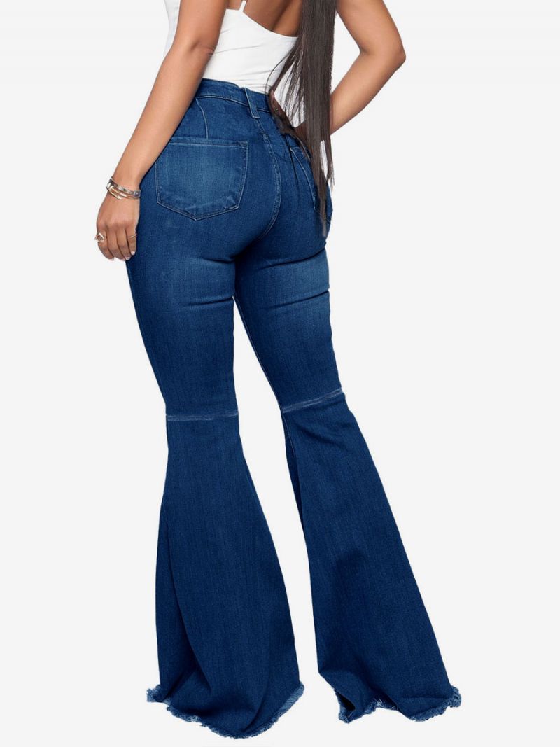 Flare Jeans För Kvinnor Raw Edge High Rise Bell Bottoms - Djupblå