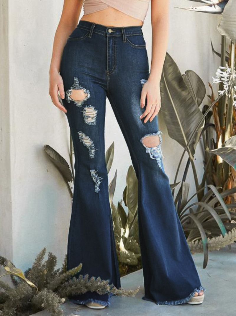 Flare Jeans Raw Edge Ripped High Rise Bell Underdelar För Kvinnor