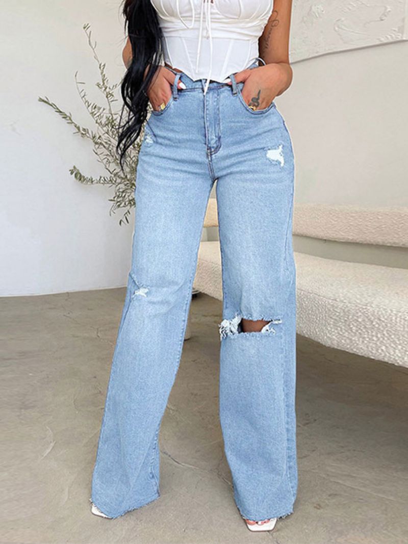 Jeans För Dam Charming Distressed Rak Polyester - Ljus Himmelsblå