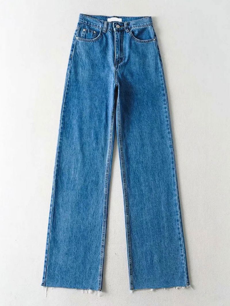 Jeans För Kvinnor Casual Dragkedja Upphöjd Midja Knapp Fluga Raka Denim Byxor - Blå