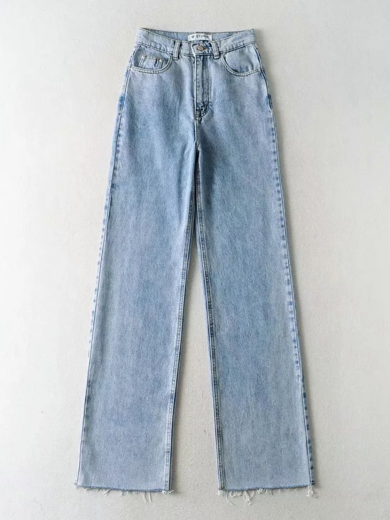 Jeans För Kvinnor Casual Dragkedja Upphöjd Midja Knapp Fluga Raka Denim Byxor - Babyblå