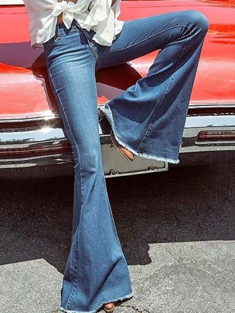 Jeans För Kvinnor Mode Bell Bottoms Dragkedja Flugknapp Fluga Blå Jeansbyxor