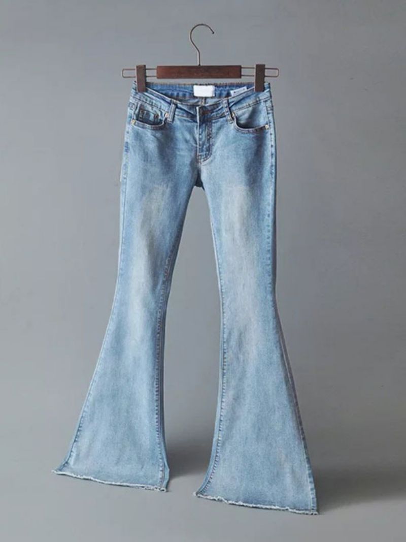 Jeans För Kvinnor Mode Bell Bottoms Dragkedja Flugknapp Fluga Blå Jeansbyxor - Babyblå