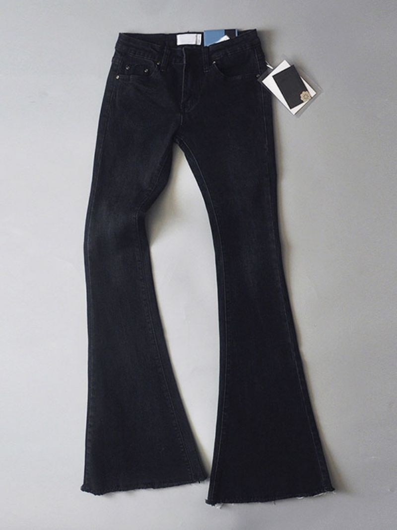 Jeans För Kvinnor Mode Bell Bottoms Dragkedja Flugknapp Fluga Blå Jeansbyxor - Svart