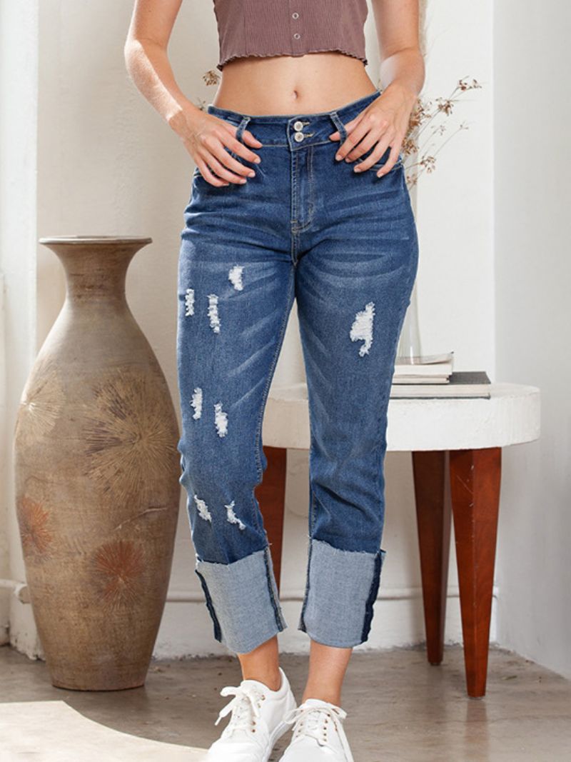 Kvinnors Ripped Cuffed Jeans Hög Midja Pojkvän Raka Ben Jeansbyxor - Blå