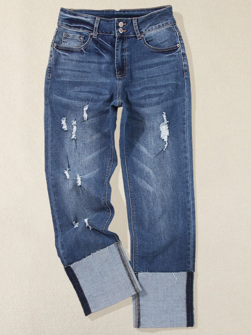 Kvinnors Ripped Cuffed Jeans Hög Midja Pojkvän Raka Ben Jeansbyxor - Blå