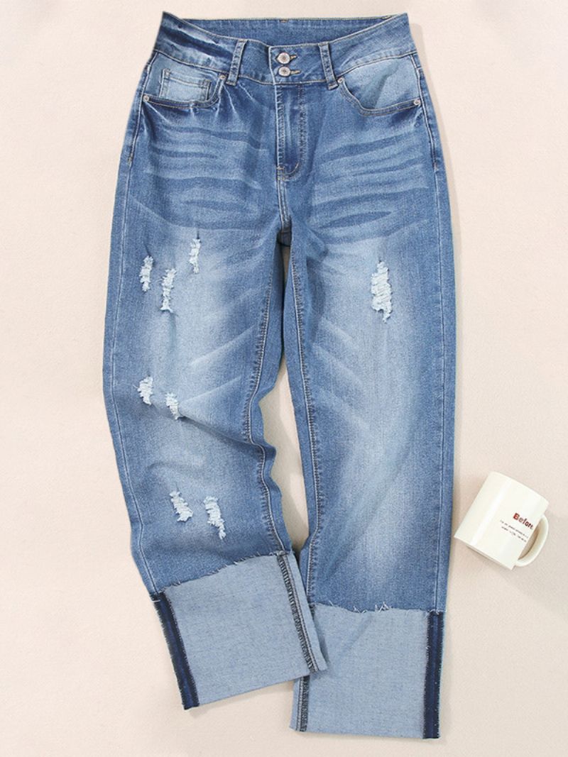 Kvinnors Ripped Cuffed Jeans Hög Midja Pojkvän Raka Ben Jeansbyxor - Ljus Himmelsblå