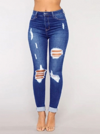 Rippade Jeans Hög Höjd Casual Skinny Bottoms I Bomull För Kvinnor