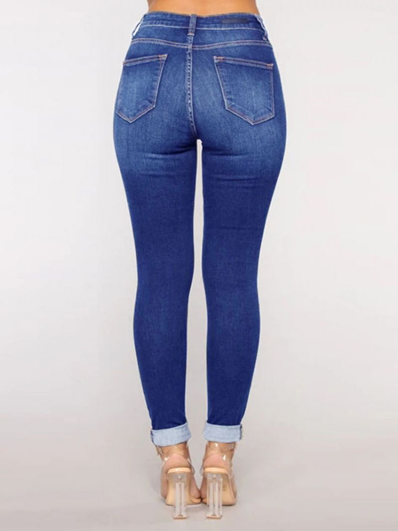 Rippade Jeans Hög Höjd Casual Skinny Bottoms I Bomull För Kvinnor - Blå