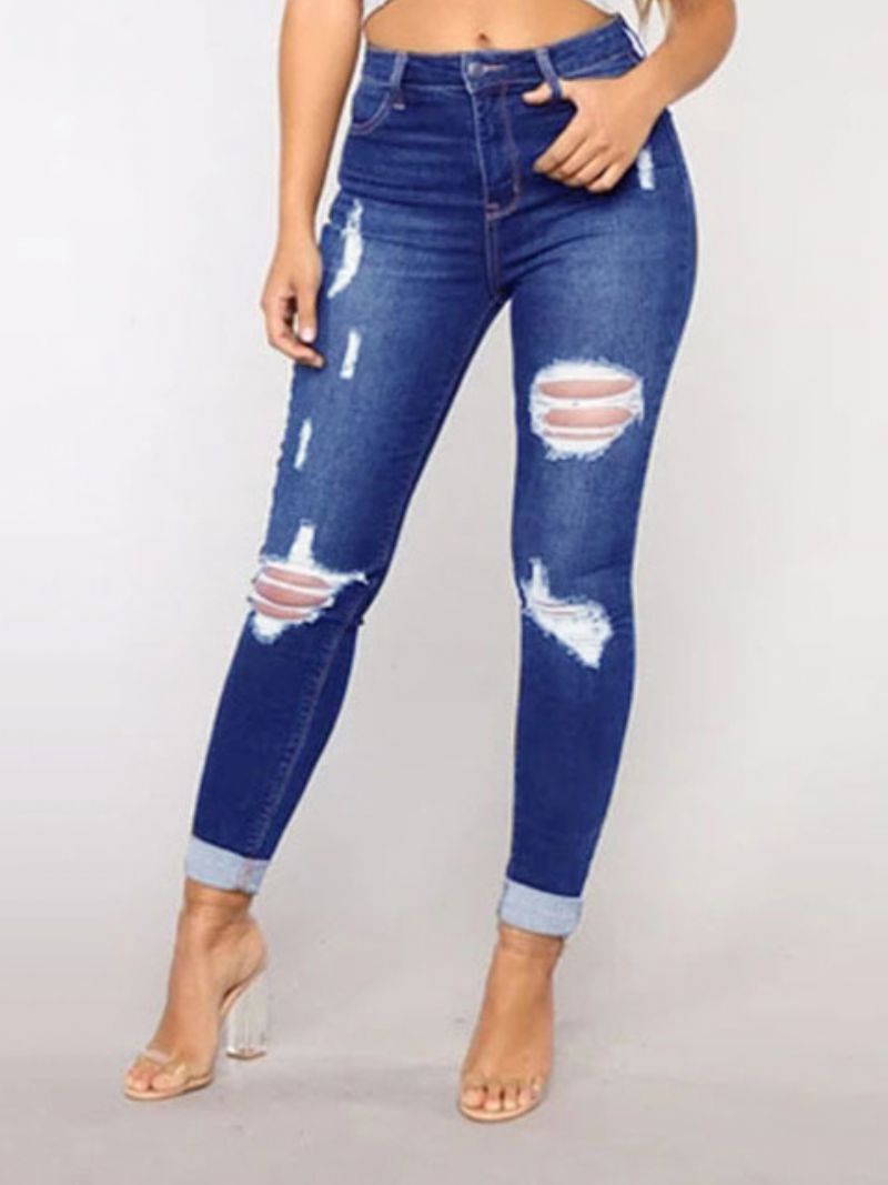 Rippade Jeans Hög Höjd Casual Skinny Bottoms I Bomull För Kvinnor - Blå