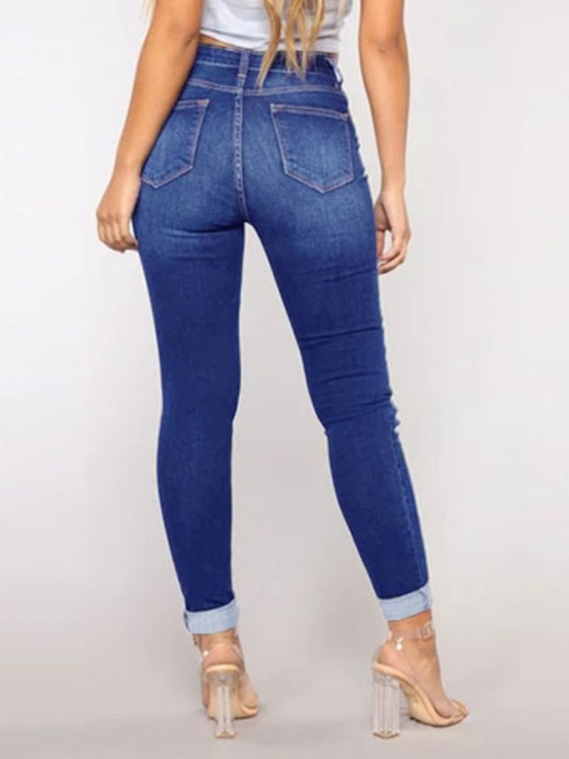 Rippade Jeans Hög Höjd Casual Skinny Bottoms I Bomull För Kvinnor - Blå