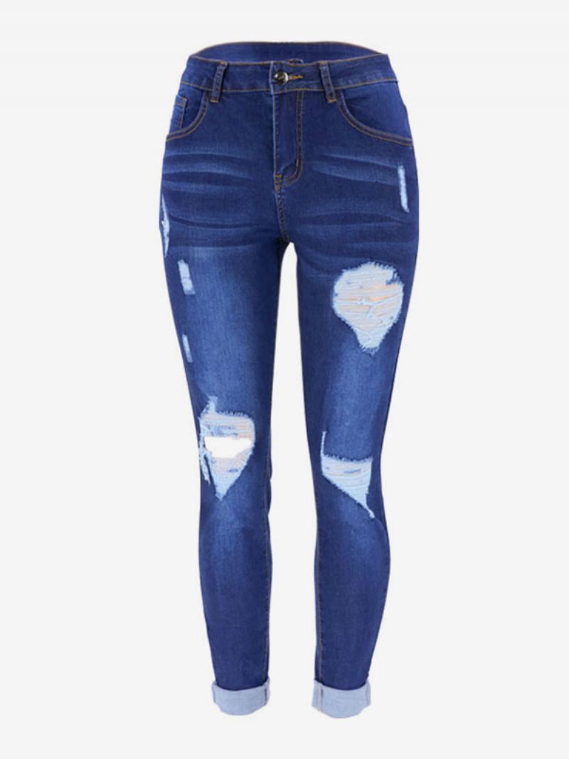 Rippade Jeans Hög Höjd Casual Skinny Bottoms I Bomull För Kvinnor - Blå