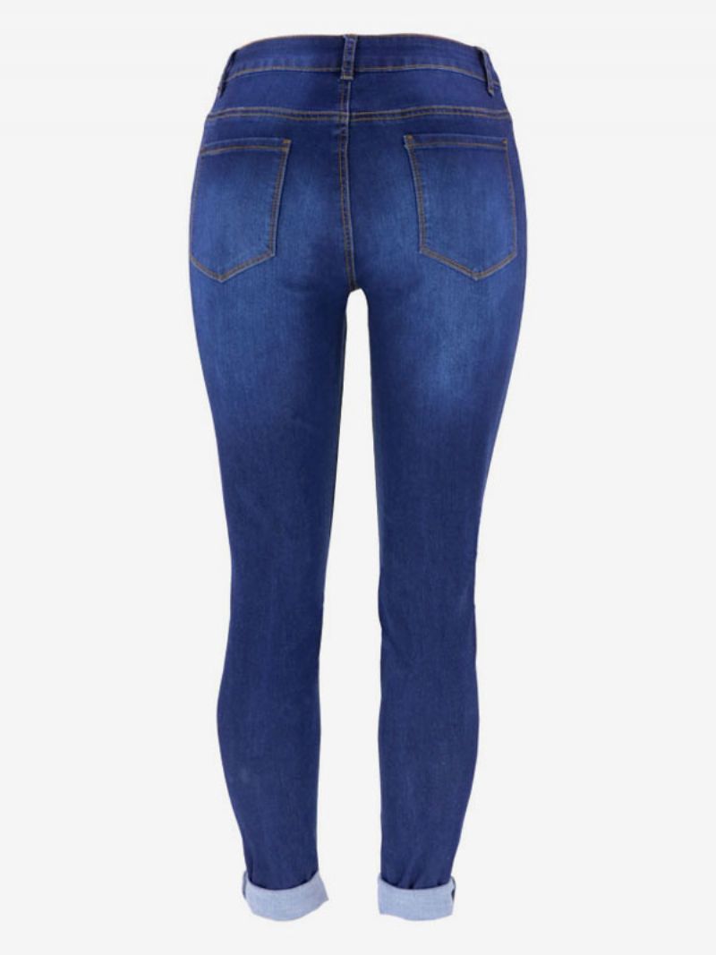 Rippade Jeans Hög Höjd Casual Skinny Bottoms I Bomull För Kvinnor - Blå