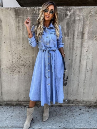 Skaterklänningar För Kvinnor Turndown-krage Långa Ärmar Knappar Oversized Casual Maxi Fit And Flare Klänning