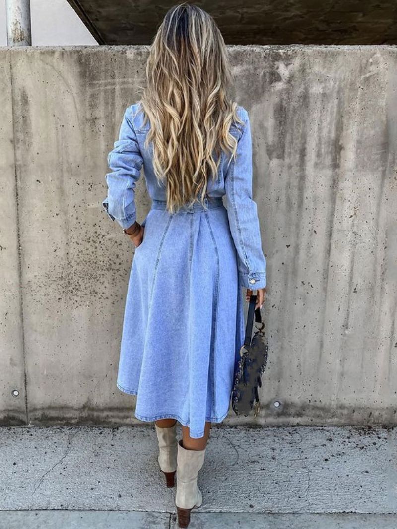 Skaterklänningar För Kvinnor Turndown-krage Långa Ärmar Knappar Oversized Casual Maxi Fit And Flare Klänning - Blå