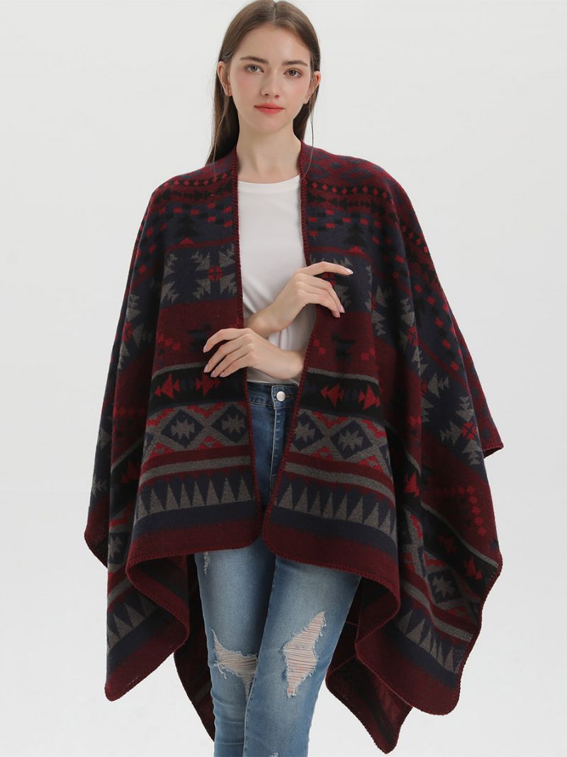 Bohemian Kvinnor Cape Geometrisk Oversized Höst Vinter Poncho