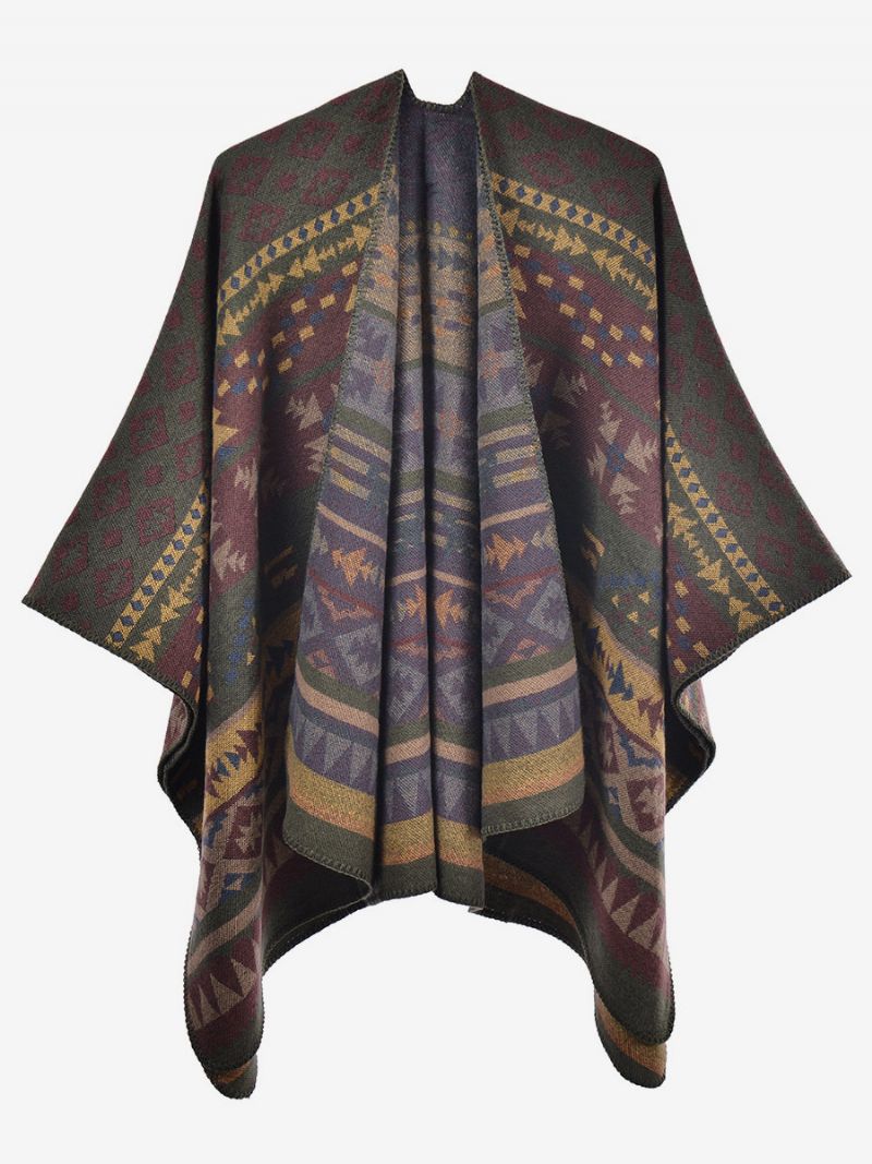 Bohemian Kvinnor Cape Geometrisk Oversized Höst Vinter Poncho - Grön