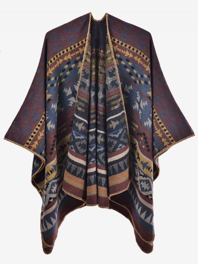 Bohemian Kvinnor Cape Geometrisk Oversized Höst Vinter Poncho - Mörk Marin