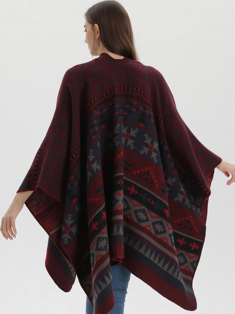 Bohemian Kvinnor Cape Geometrisk Oversized Höst Vinter Poncho - Burgogne