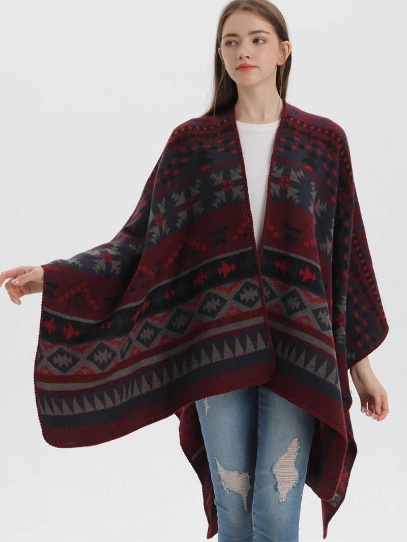 Bohemian Kvinnor Cape Geometrisk Oversized Höst Vinter Poncho - Burgogne