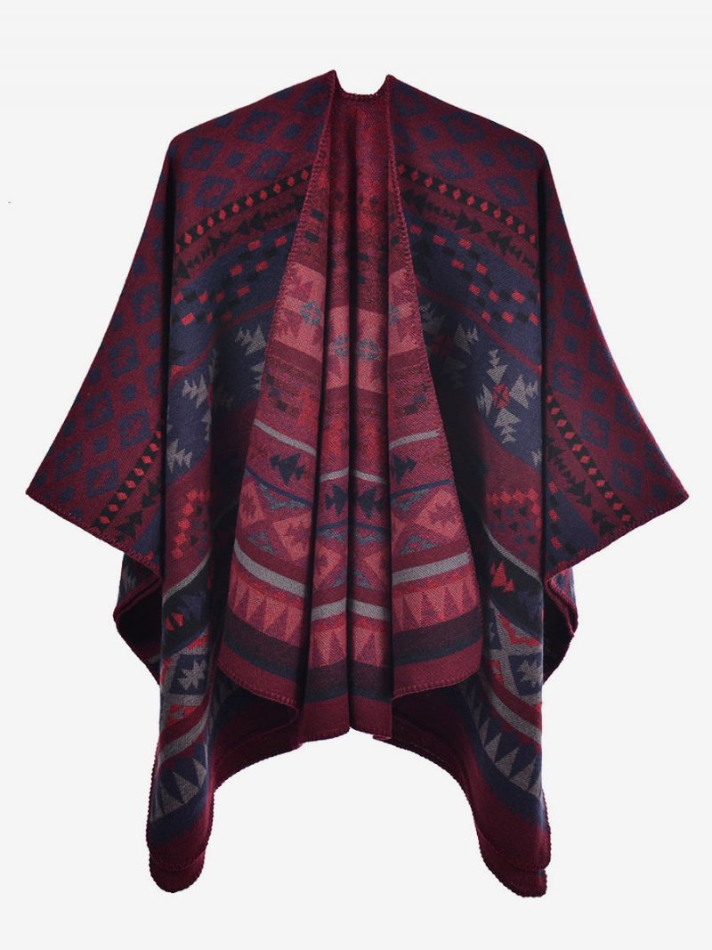 Bohemian Kvinnor Cape Geometrisk Oversized Höst Vinter Poncho - Burgogne