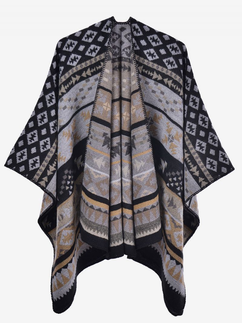 Bohemian Kvinnor Cape Geometrisk Oversized Höst Vinter Poncho - Svart