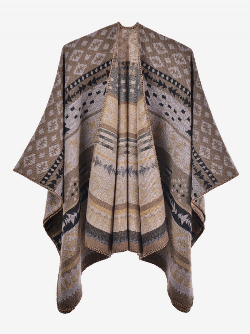 Bohemian Kvinnor Cape Geometrisk Oversized Höst Vinter Poncho - Khaki