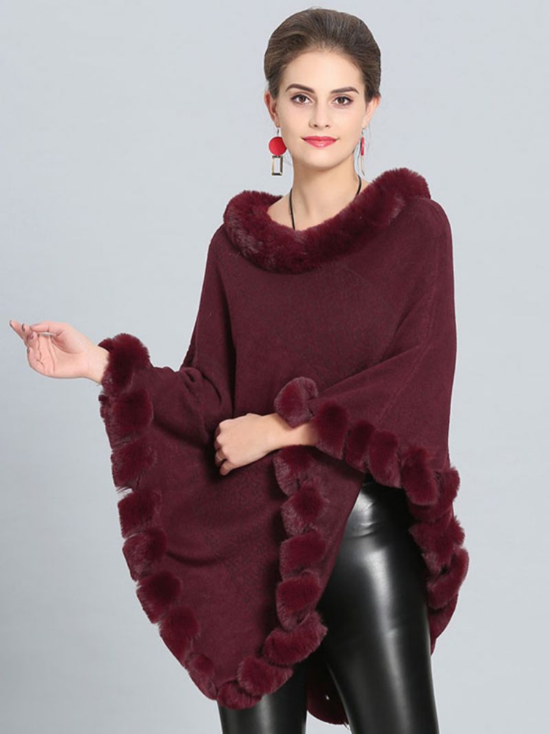 Burgundy Poncho Fur Hem Cape Spring Ytterkläder För Dam