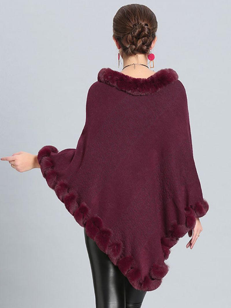 Burgundy Poncho Fur Hem Cape Spring Ytterkläder För Dam - Vröd