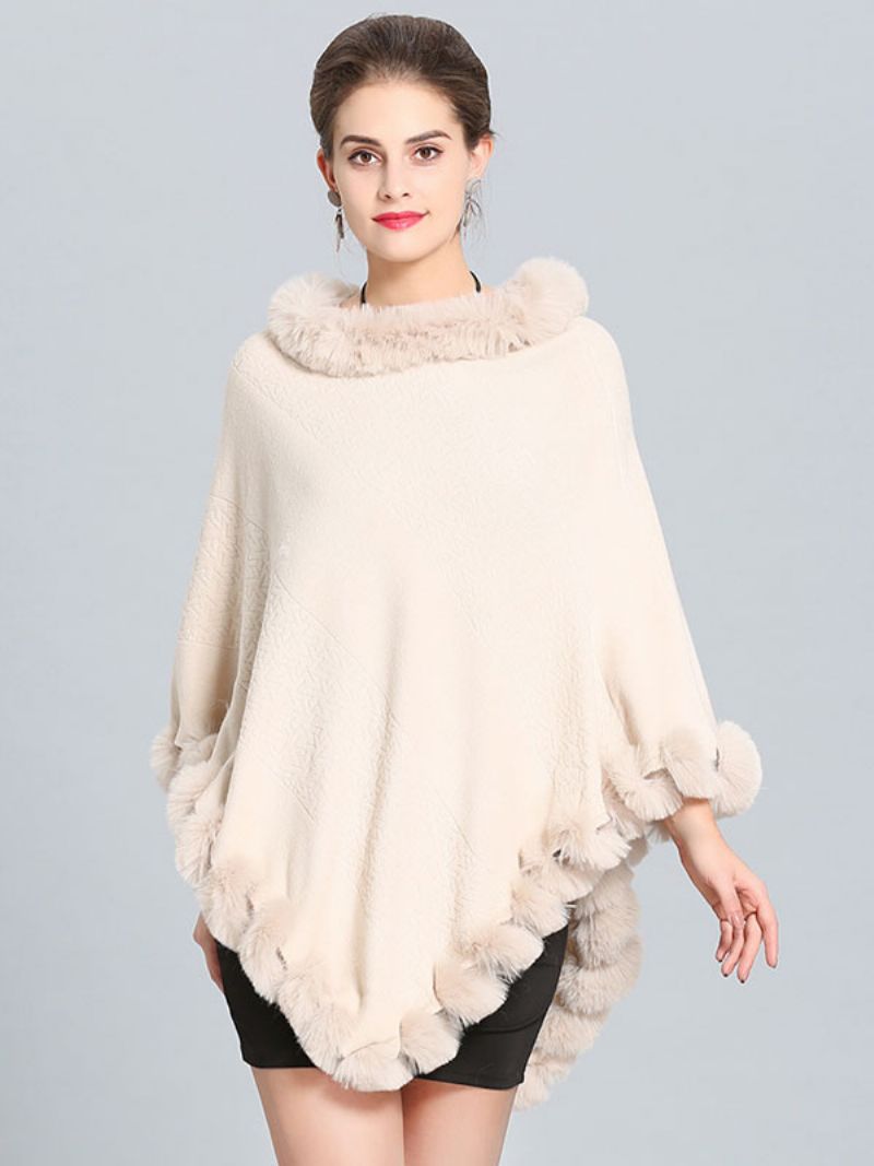 Burgundy Poncho Fur Hem Cape Spring Ytterkläder För Dam - Beige