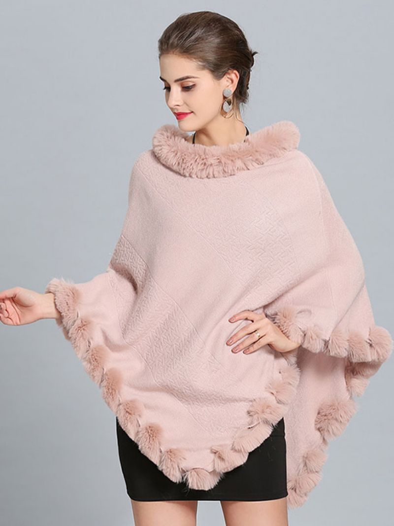 Burgundy Poncho Fur Hem Cape Spring Ytterkläder För Dam - Mjuk Rosa