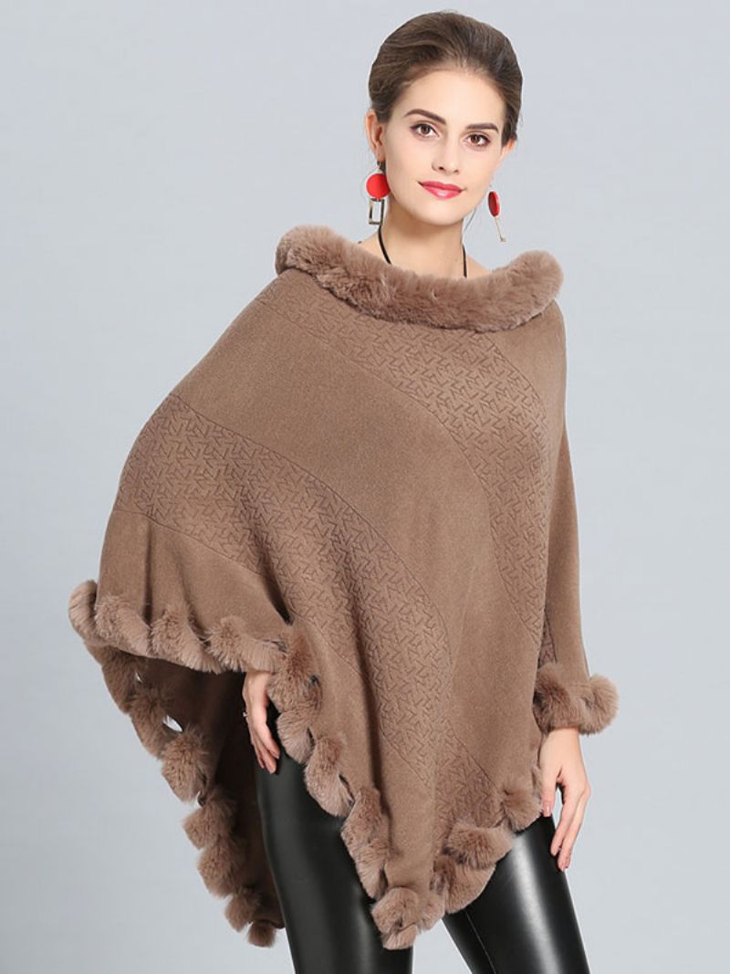 Burgundy Poncho Fur Hem Cape Spring Ytterkläder För Dam - Khaki