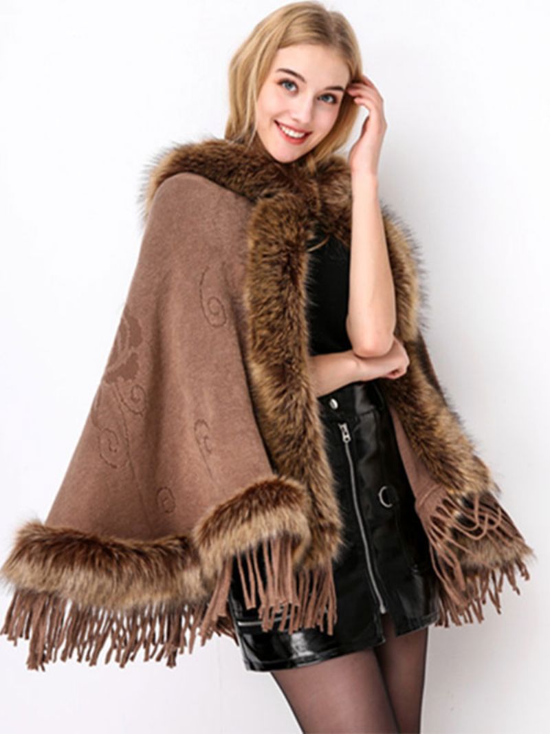 Dam Jul Poncho Hooded Fringe Cape Vinter Ytterkläder - Khaki