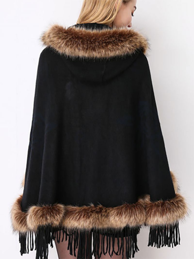 Dam Jul Poncho Hooded Fringe Cape Vinter Ytterkläder - Svart