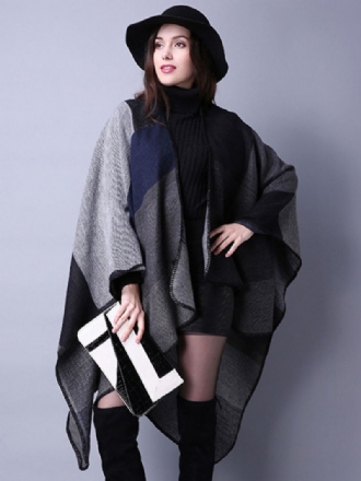 Dam Poncho Color Block Svart Oregelbunden Värmebevarande Oversized Piping Cape