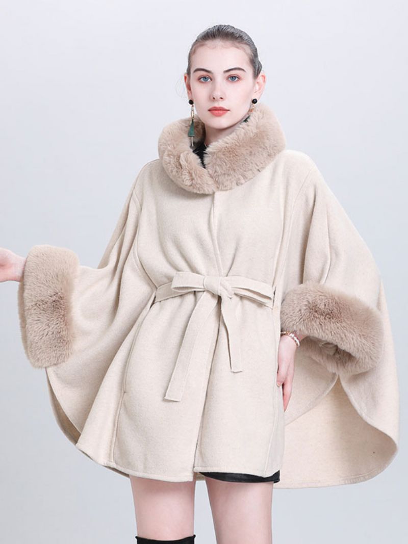 Dam Poncho Hög Krage Ljusgrå Oversized Fuskpäls Cape - Beige